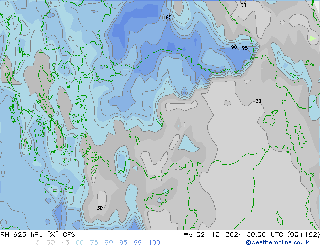 Humidité rel. 925 hPa GFS mer 02.10.2024 00 UTC