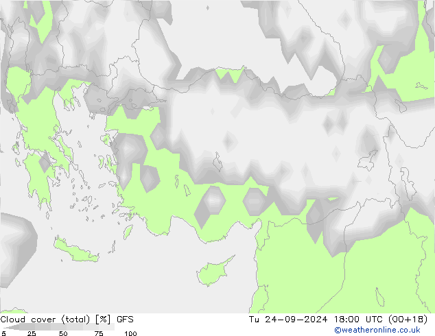 Cloud cover (total) GFS Tu 24.09.2024 18 UTC