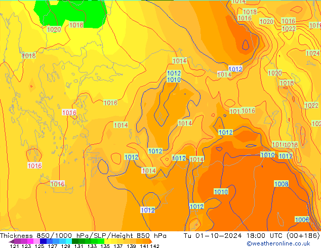 Thck 850-1000 hPa GFS Tu 01.10.2024 18 UTC