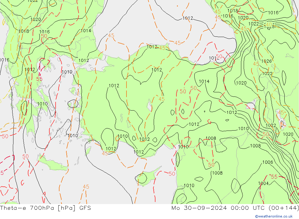 Theta-e 700hPa GFS Mo 30.09.2024 00 UTC