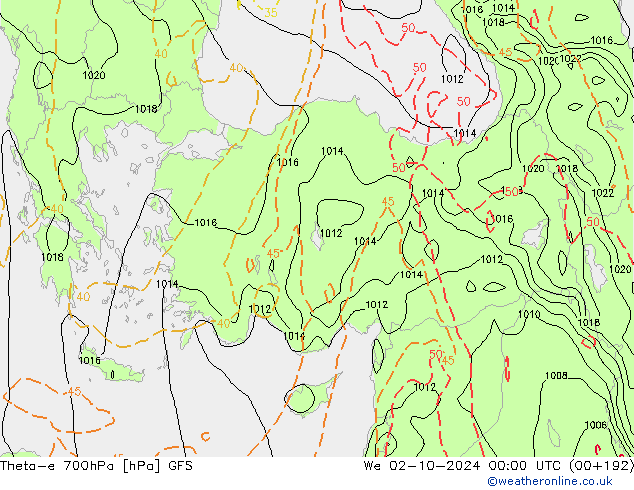 Theta-e 700hPa GFS mié 02.10.2024 00 UTC