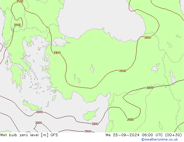 Wet bulb zero level GFS śro. 25.09.2024 06 UTC