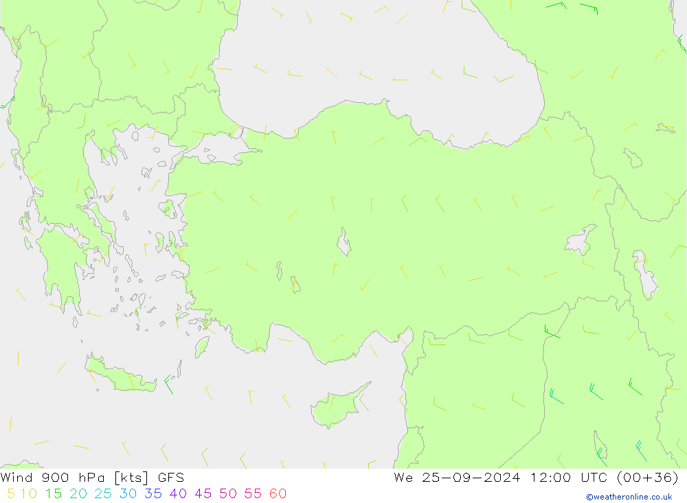 ветер 900 гПа GFS ср 25.09.2024 12 UTC