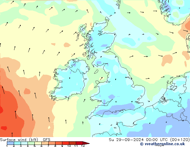 Wind 10 m (bft) GFS zo 29.09.2024 00 UTC