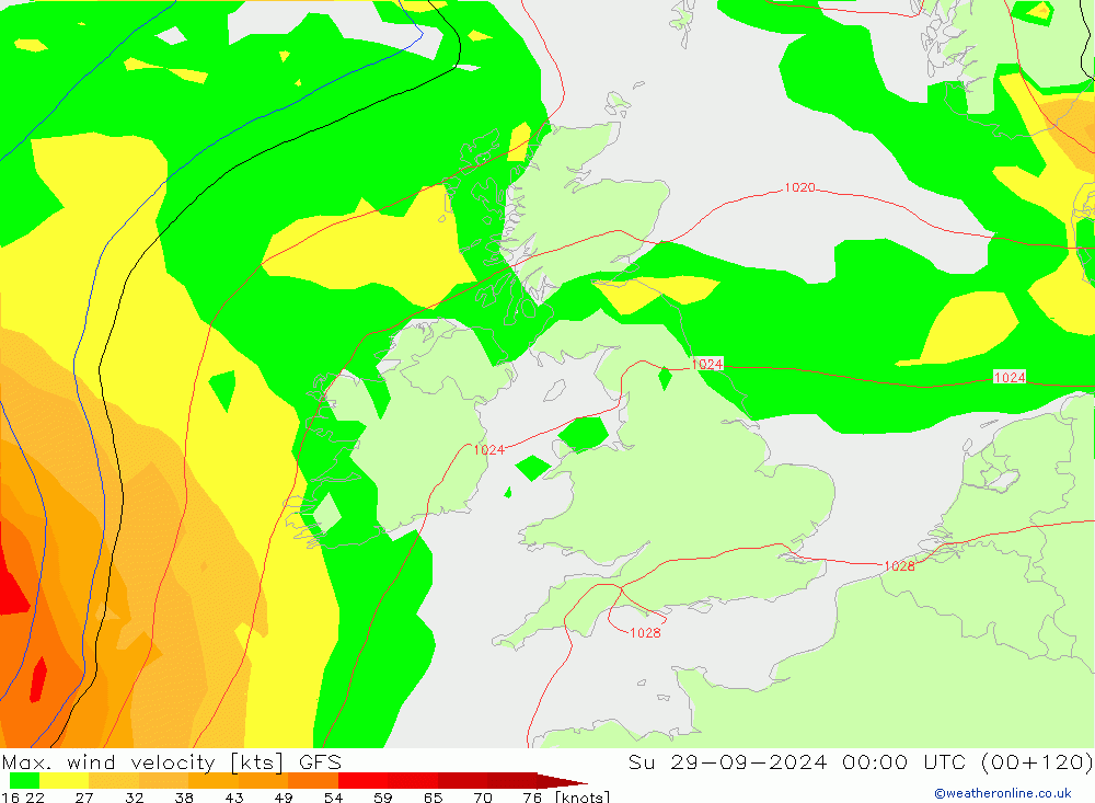 Max. wind snelheid GFS zo 29.09.2024 00 UTC