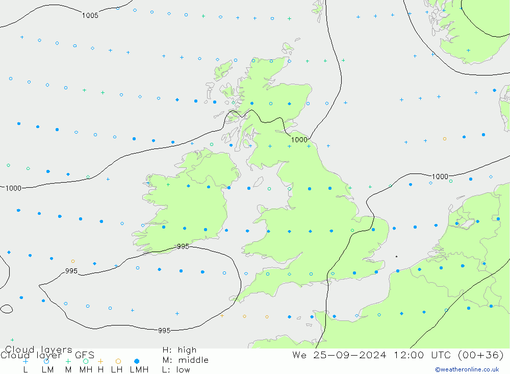 Cloud layer GFS We 25.09.2024 12 UTC