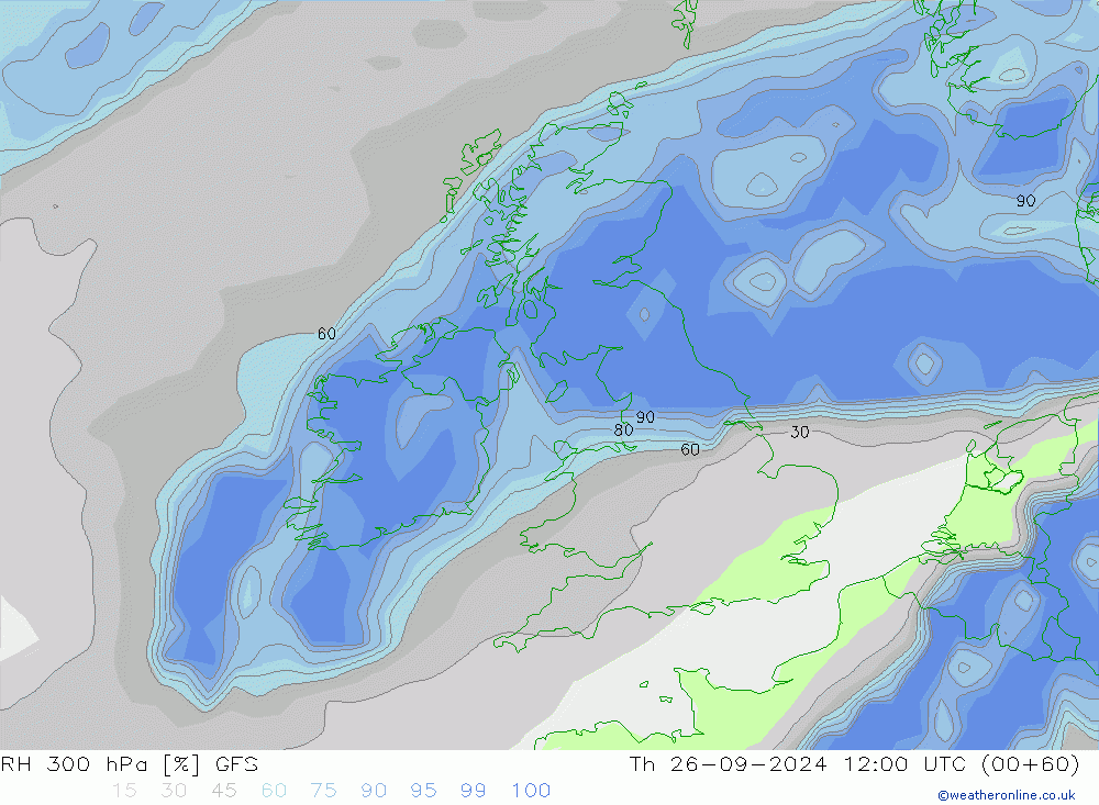 Humedad rel. 300hPa GFS jue 26.09.2024 12 UTC