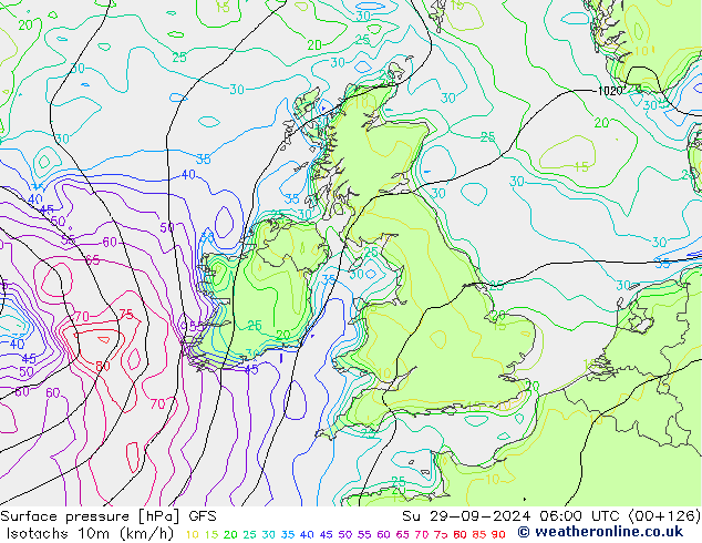 Isotaca (kph) GFS dom 29.09.2024 06 UTC