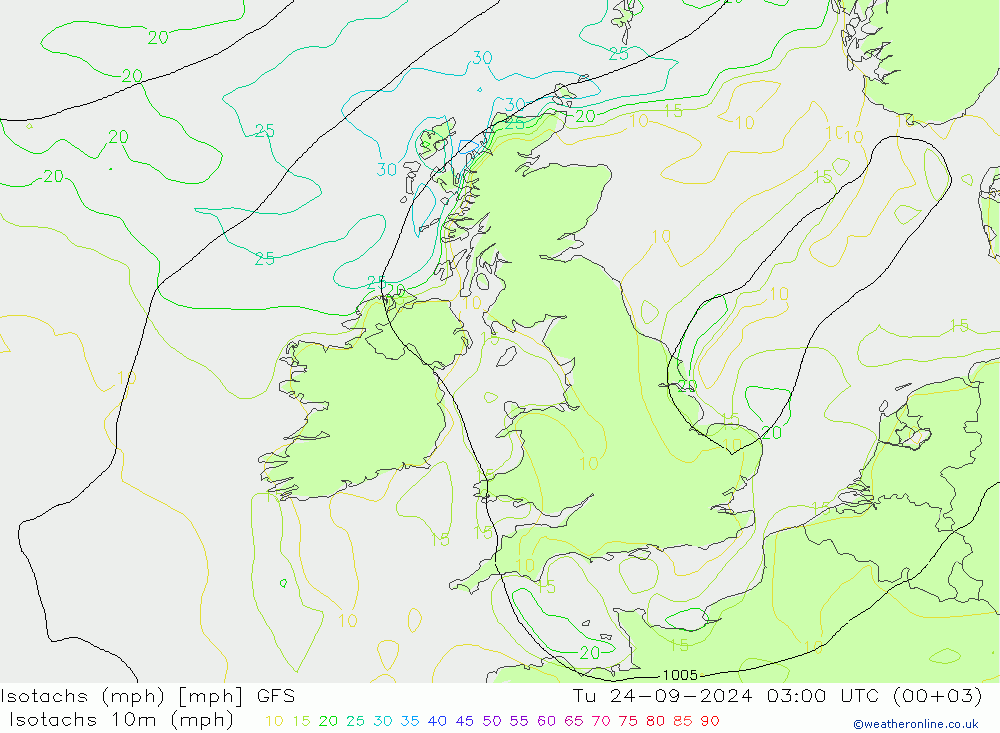 Isotachs (mph) GFS вт 24.09.2024 03 UTC