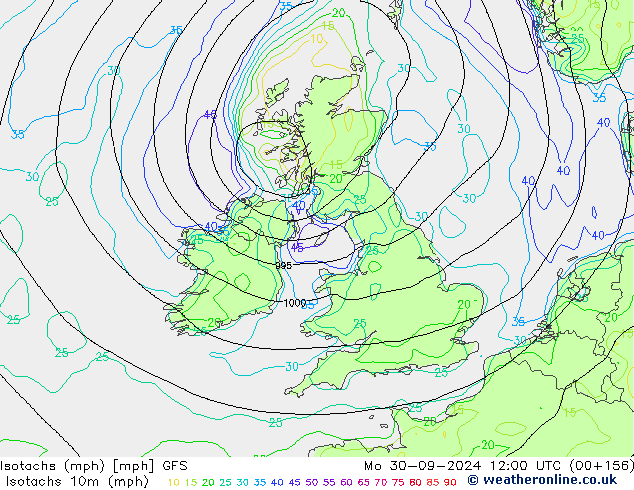 Isotachen (mph) GFS ma 30.09.2024 12 UTC