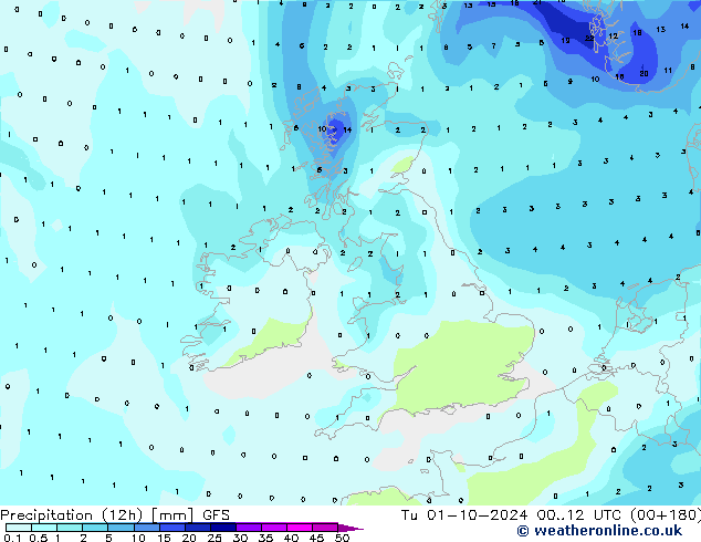 Precipitation (12h) GFS Tu 01.10.2024 12 UTC