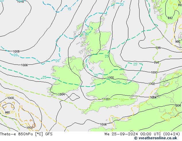 Theta-e 850hPa GFS śro. 25.09.2024 00 UTC