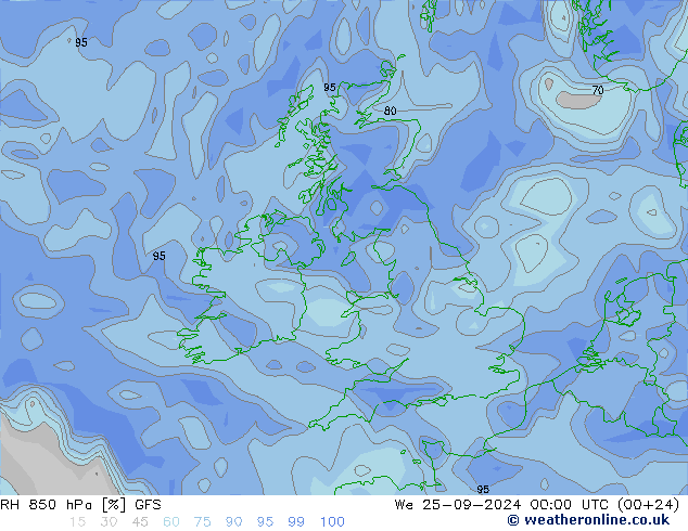 Humidité rel. 850 hPa GFS mer 25.09.2024 00 UTC