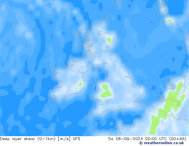 Deep layer shear (0-1km) GFS sab 28.09.2024 00 UTC