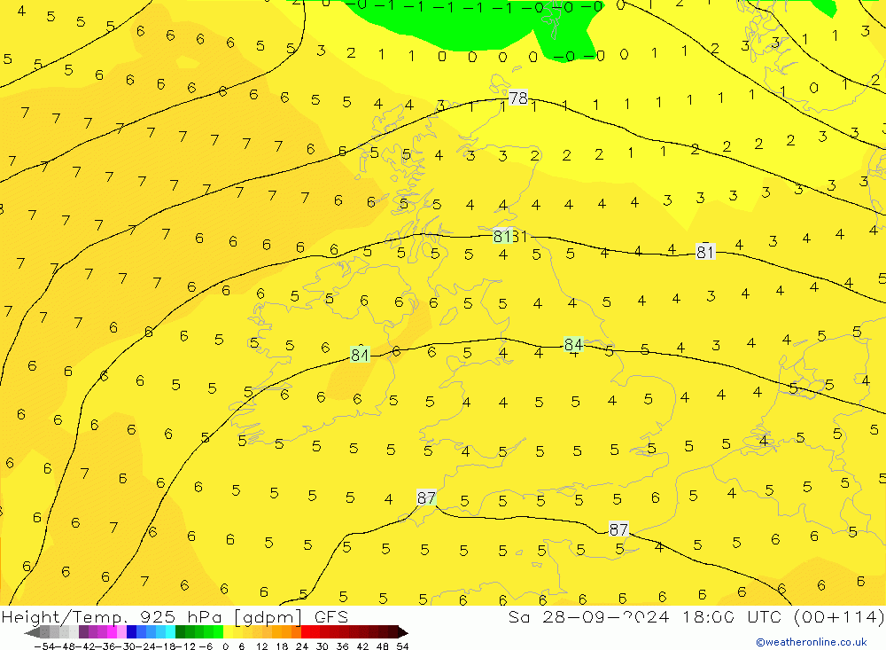 Height/Temp. 925 hPa GFS Sa 28.09.2024 18 UTC