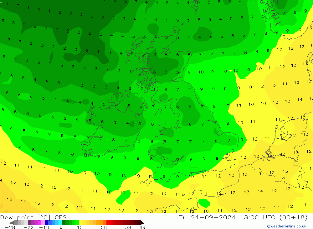 точка росы GFS вт 24.09.2024 18 UTC