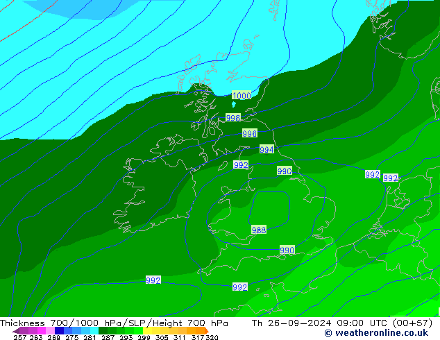 Thck 700-1000 hPa GFS czw. 26.09.2024 09 UTC