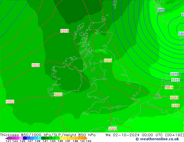 Thck 850-1000 hPa GFS We 02.10.2024 00 UTC