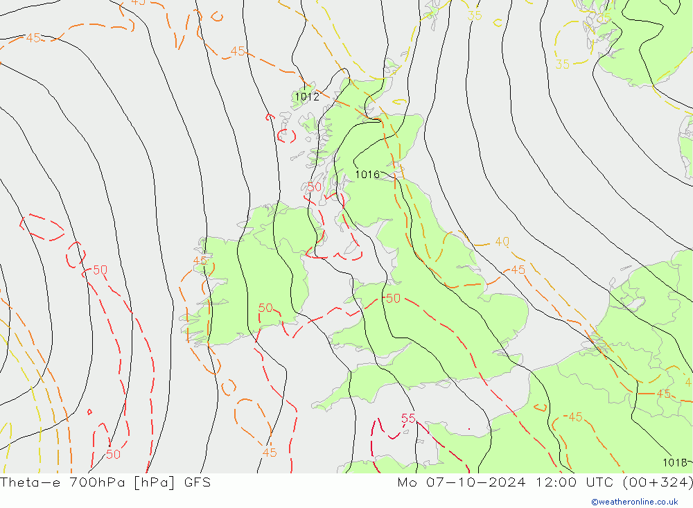 Theta-e 700hPa GFS Mo 07.10.2024 12 UTC