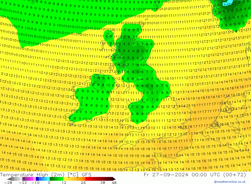 Temperature High (2m) GFS Fr 27.09.2024 00 UTC