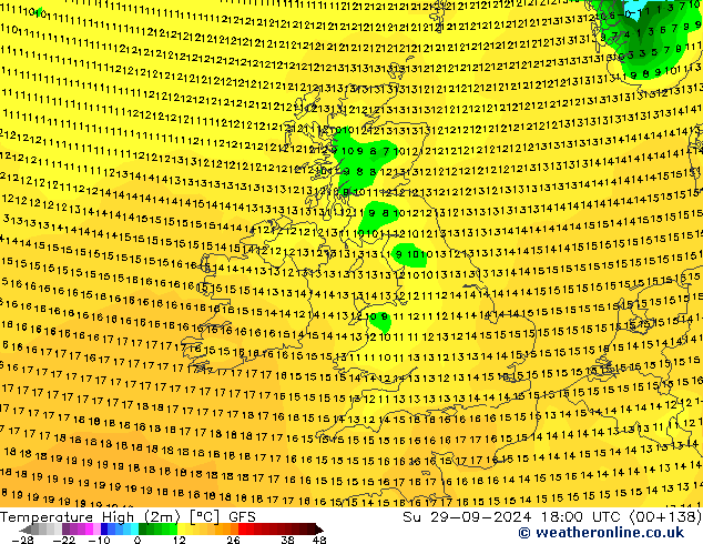 temperatura máx. (2m) GFS Dom 29.09.2024 18 UTC