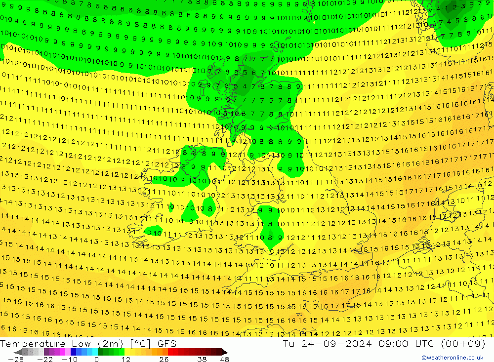 Minumum Değer (2m) GFS Sa 24.09.2024 09 UTC