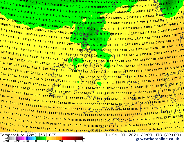 Temperature (2m) GFS Tu 24.09.2024 09 UTC