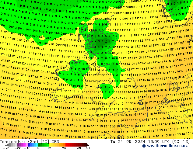 Temperature (2m) GFS Tu 24.09.2024 18 UTC