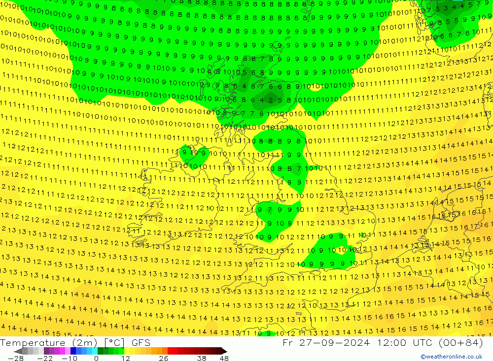 Temperature (2m) GFS Fr 27.09.2024 12 UTC