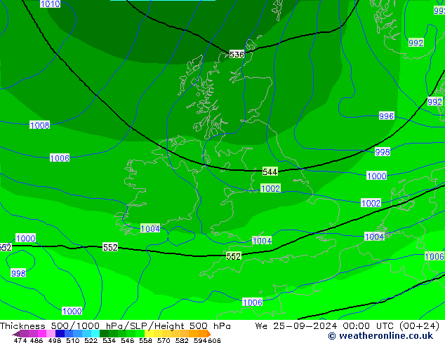 Espesor 500-1000 hPa GFS mié 25.09.2024 00 UTC