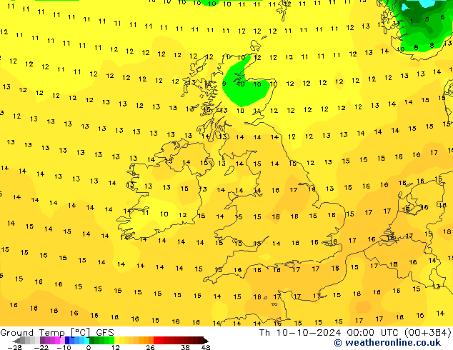 Temperatura del suelo GFS jue 10.10.2024 00 UTC