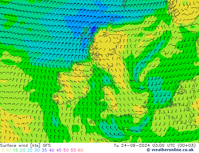 Surface wind GFS Út 24.09.2024 03 UTC