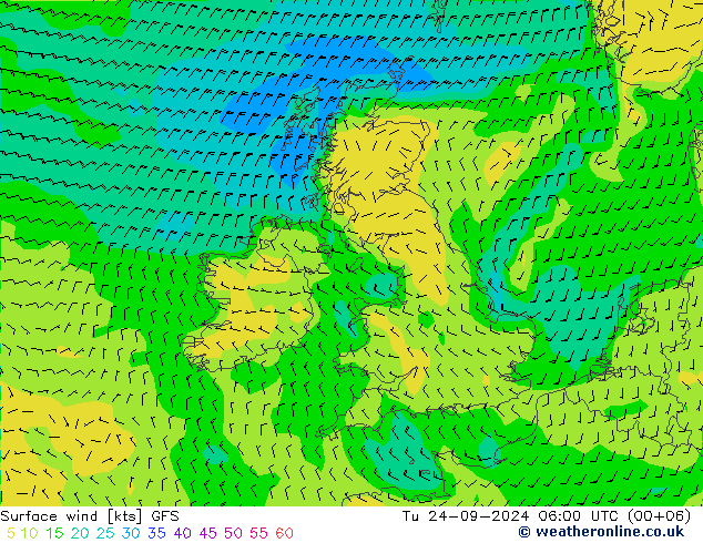 Surface wind GFS Tu 24.09.2024 06 UTC