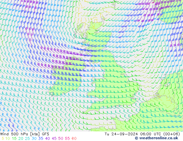 wiatr 500 hPa GFS wto. 24.09.2024 06 UTC