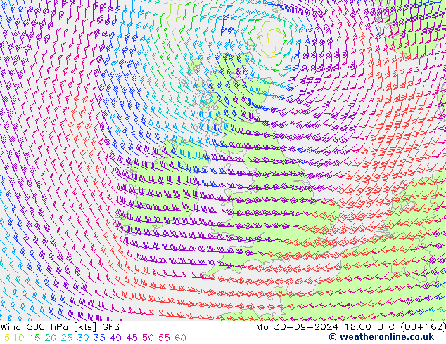 Vento 500 hPa GFS lun 30.09.2024 18 UTC