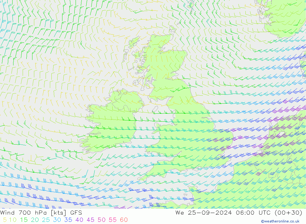 Wind 700 hPa GFS We 25.09.2024 06 UTC