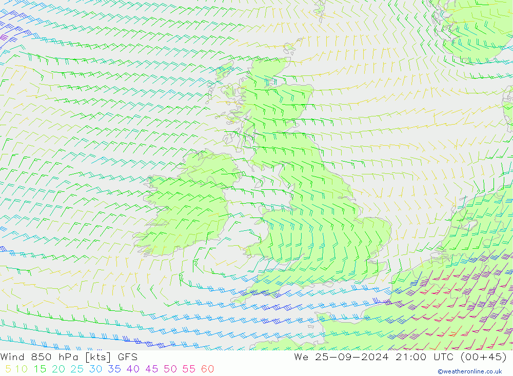 ветер 850 гПа GFS ср 25.09.2024 21 UTC