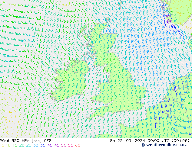 Vento 850 hPa GFS Sáb 28.09.2024 00 UTC