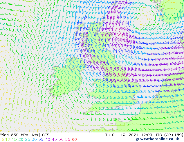 Wind 850 hPa GFS Tu 01.10.2024 12 UTC