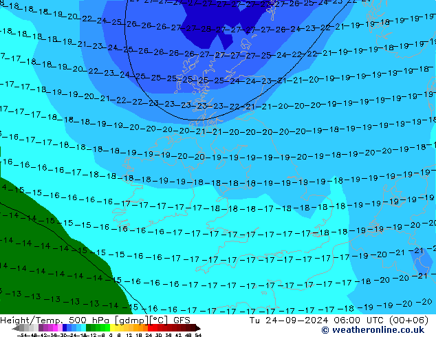 Z500/Rain (+SLP)/Z850 GFS Tu 24.09.2024 06 UTC