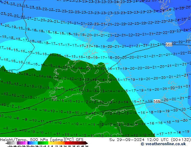 Hoogte/Temp. 500 hPa GFS zo 29.09.2024 12 UTC