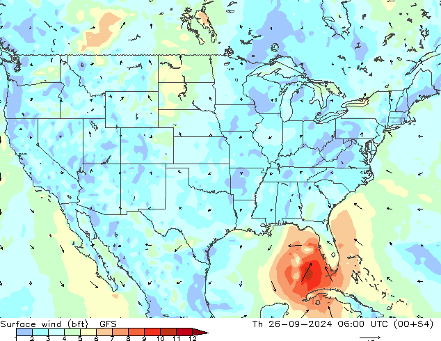 Surface wind (bft) GFS Čt 26.09.2024 06 UTC