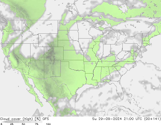 Cloud cover (high) GFS Su 29.09.2024 21 UTC