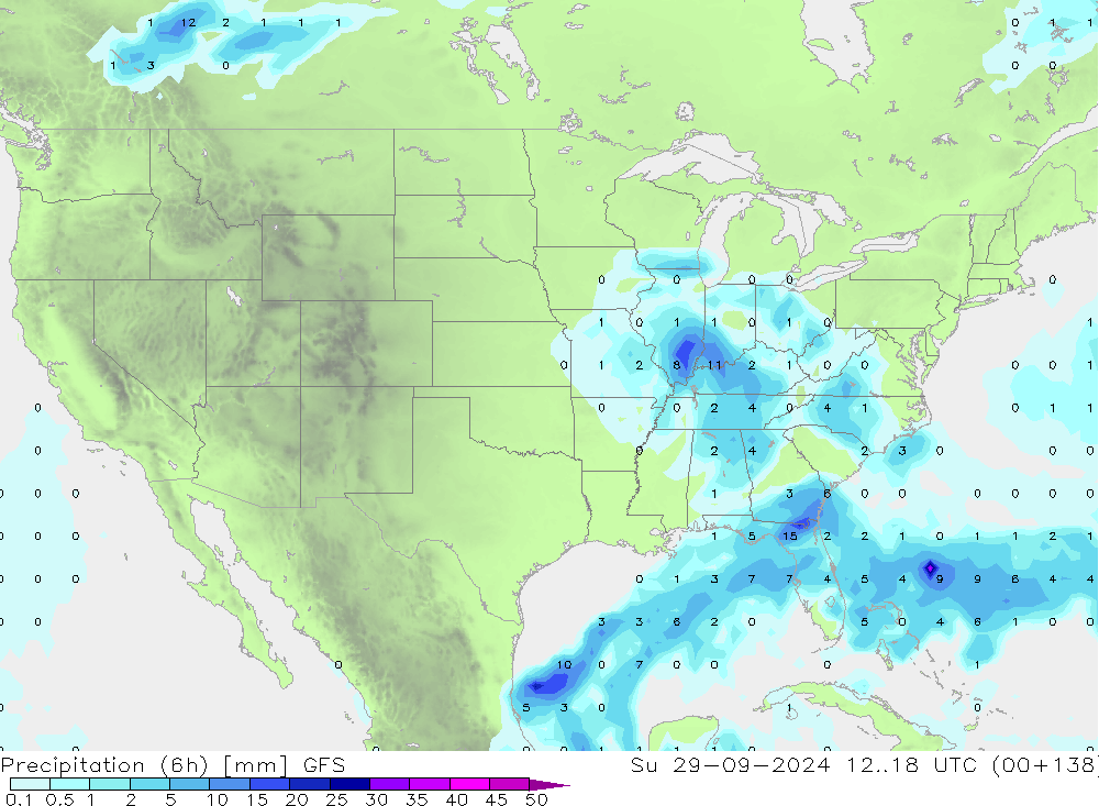 Precipitation (6h) GFS Su 29.09.2024 18 UTC