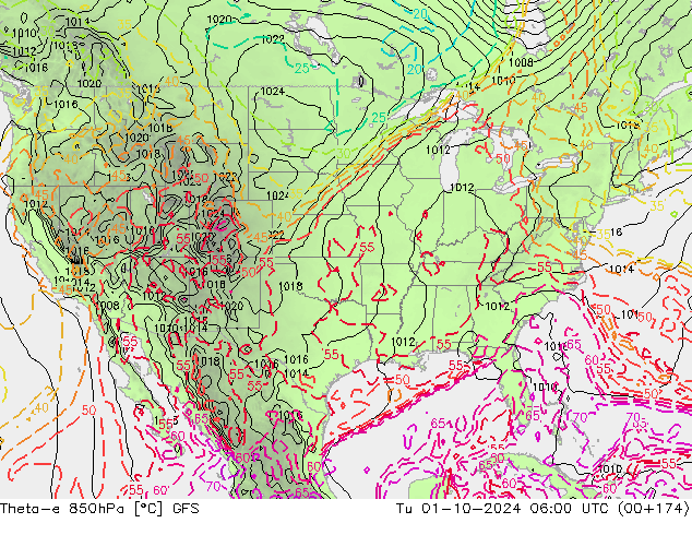 Theta-e 850hPa GFS Út 01.10.2024 06 UTC