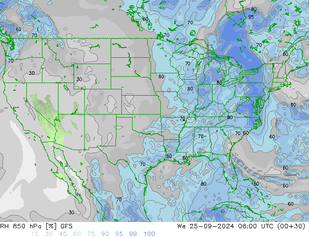 RH 850 hPa GFS We 25.09.2024 06 UTC