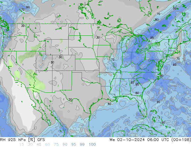 Humedad rel. 925hPa GFS mié 02.10.2024 06 UTC