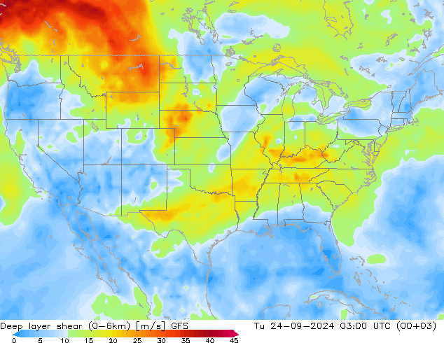 Deep layer shear (0-6km) GFS di 24.09.2024 03 UTC