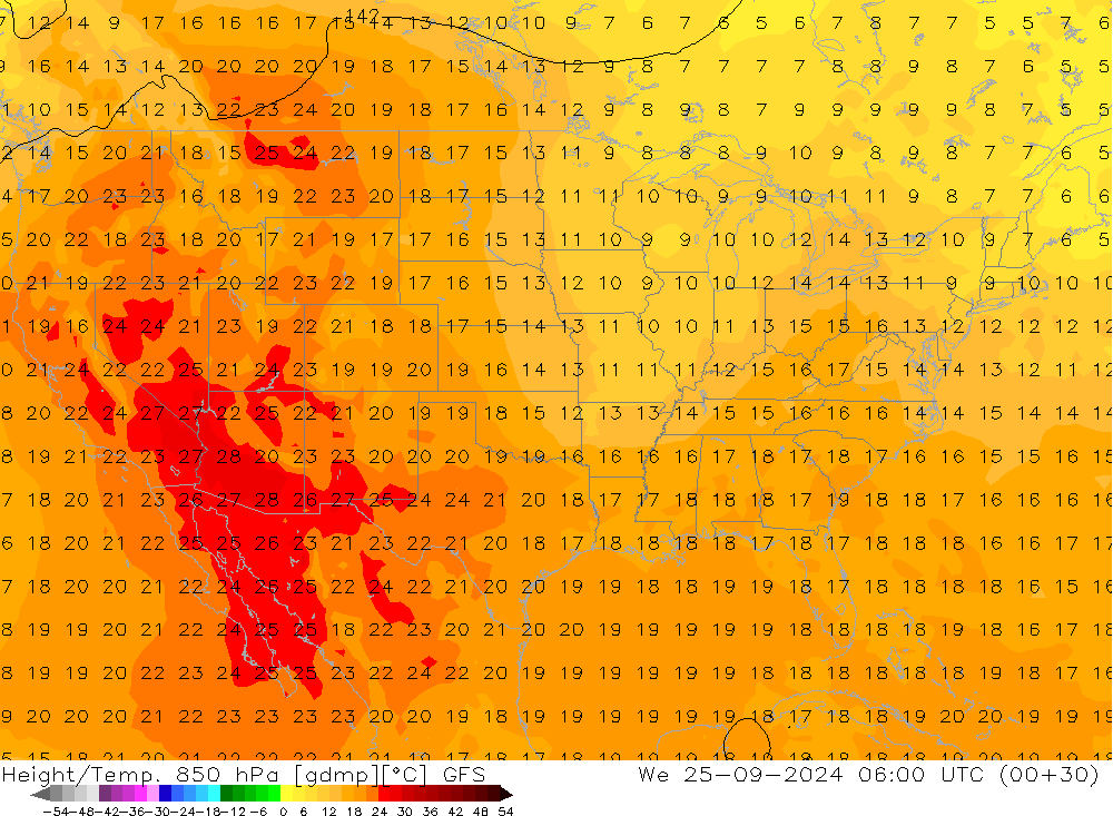 Z500/Rain (+SLP)/Z850 GFS Mi 25.09.2024 06 UTC