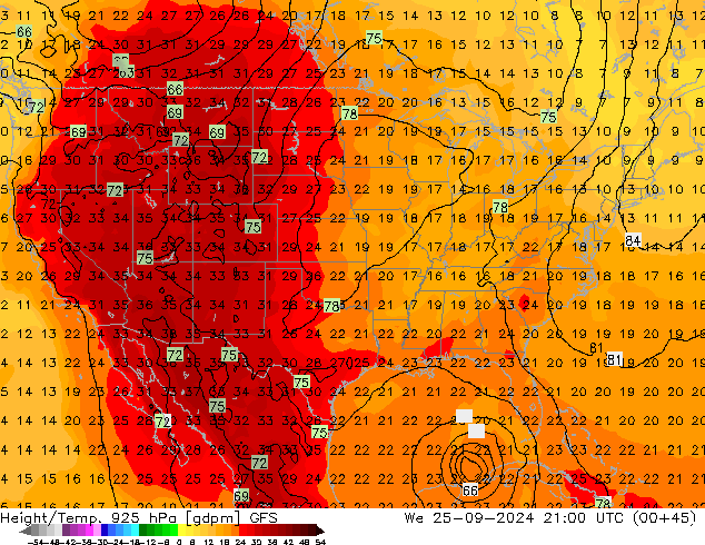 Géop./Temp. 925 hPa GFS mer 25.09.2024 21 UTC